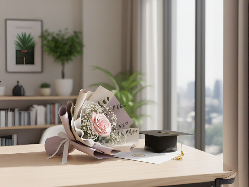 Buket wisuda aesthetic murah Jakarta dengan bunga mawar pink dan baby’s breath