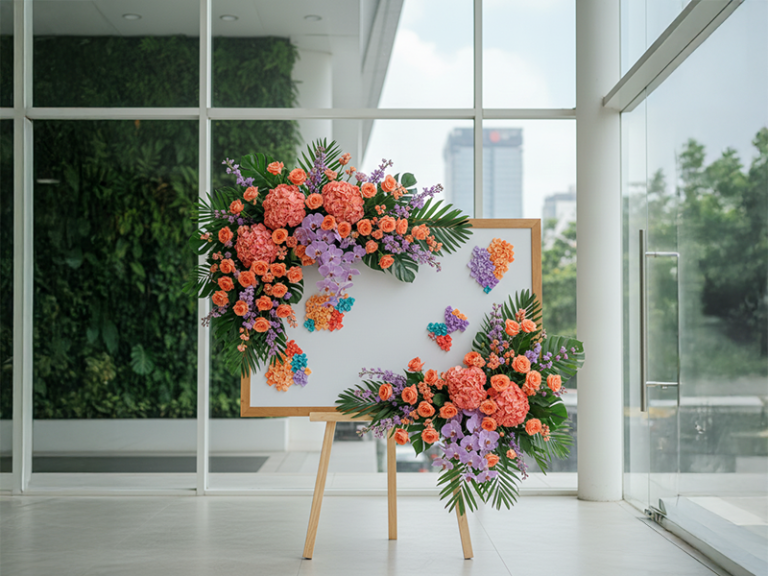 Desain bunga papan Grand Opening aesthetic untuk ucapan selamat sukses modern